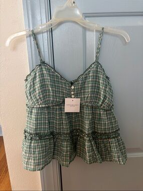 American Eagle Outfitters Green Plaid Tiered Ruffle Cami